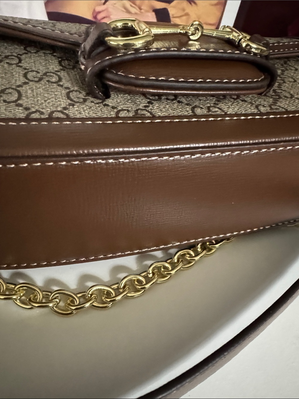 Gucci Brown Beige GG Canvas Shoulder Bag with Gold Chain - Picture 7 of 8